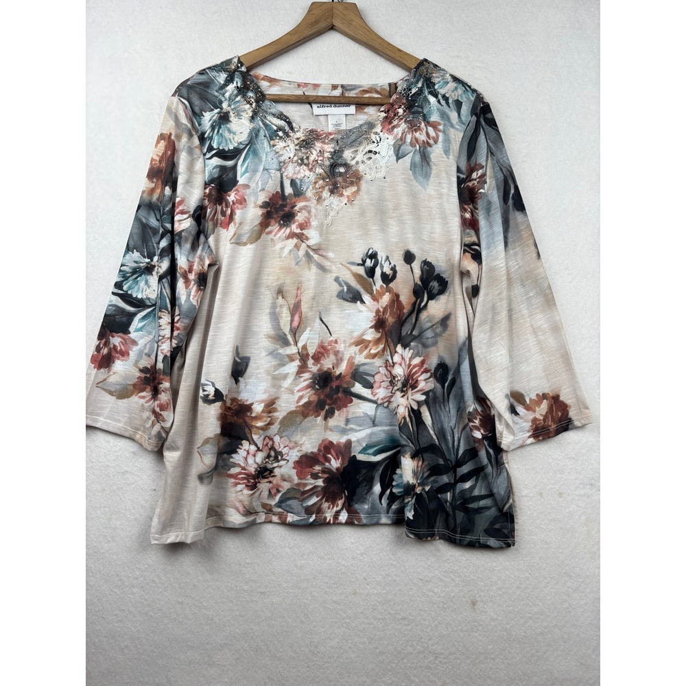 Alfred Dunner Top Womens L Floral Lace Neck 34 Sleeve